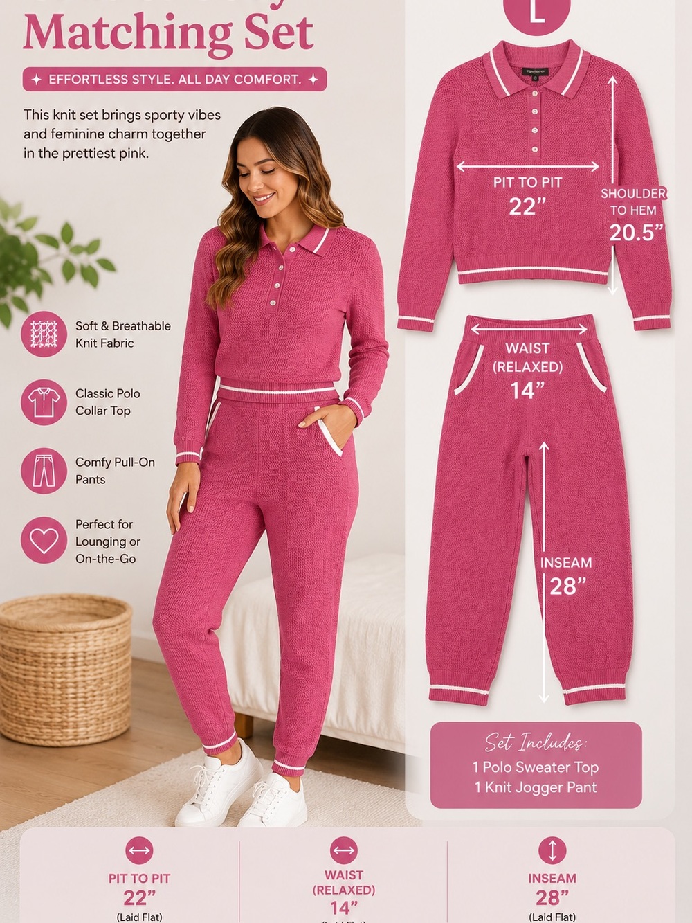 36point5 Pink Knit Matching Set Polo Sweater Top Jogger Pants 2 Piece Set